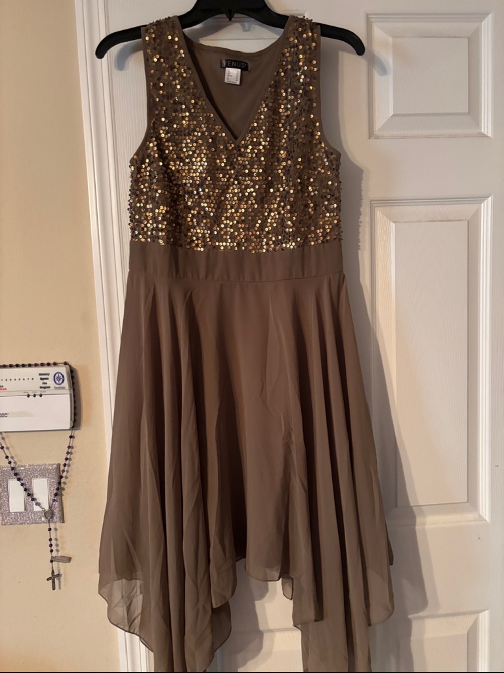 VENUS' Women tan Sequin Bodice Taupe Chiffon Skirt Dress
